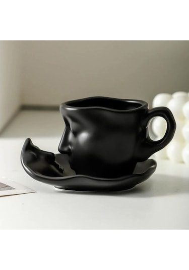 Seramik Yüz Desenli Kupa Bardak Siyah