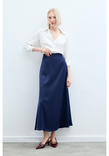 Sateen Uzun Saten Etek - Lacivert