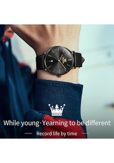 Olevs 5869 Erkekler İş Su Geçirmez Hakiki Deri Kayış Kuvars Saat Siyah