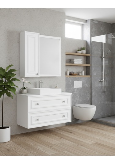 Perge 100 Cm Lavabo Dolabı Mat Beyaz Led Ayna Ve Ayna Yan Dolap Seti Taş