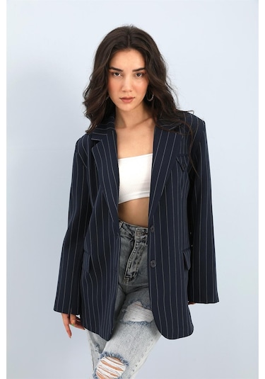 Blazer Ceket Çizgili Atlas Kumaş - Lacivert-lacivert Lacivert