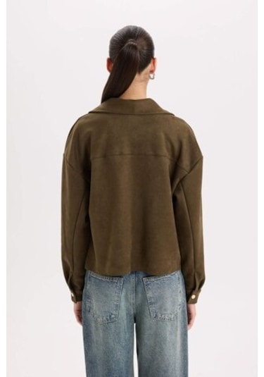 DeFacto Crop Çıtçıtlı Cepli Süet Gömlek Ceket B2983AX24WNKH447 Haki