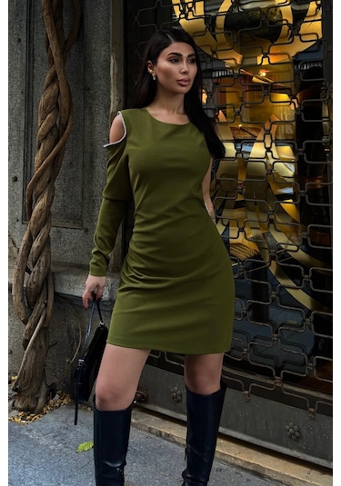 Kadın Yeşil Tek Kol Taşlı Dokuma Mini Elbise Yeşil