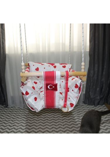 Ahşap Bebek Salıncağı Minder Yastık Ve Diş Halkalı Ay Yıldız Salıncak Kırmızı - Beyaz