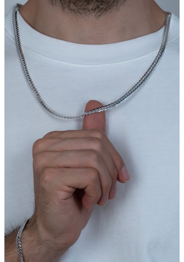 Silver Ezme Yassı Yılan Çelik Unisex Kolye Ve Bileklik Seti Eck36 Beyaz