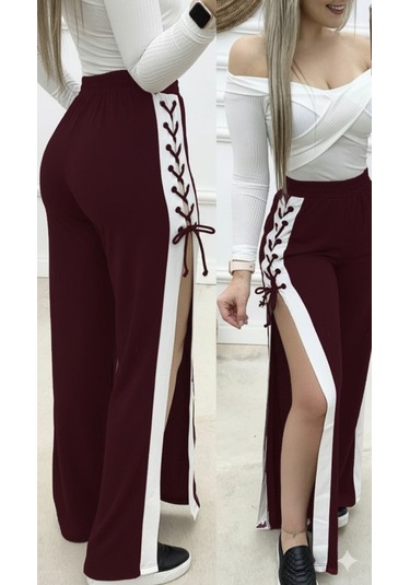 Tua Moda Kadın Yüksek Bel Yandan Çapraz Bağcıklı Yırtmaçlı Viskon Iki Iplik Pantolon Bordo