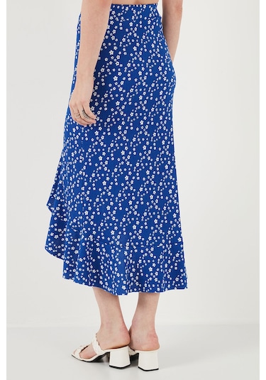 Lela Çiçek Desenli Regular Fit Volanlı Yüksek Bel Midi Boy Yırtmaçlı Bayan Etek 5869012 Saks