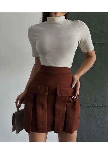 Kadın Acı Kahve Kargo Cep Detaylı Pileli Mini Etek-kahve Kahve
