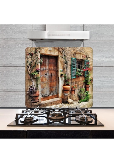 Dekoratif Cam Ocak Arkası Koruyucu ve Kesme Tahtası Taş Ev 50Cm