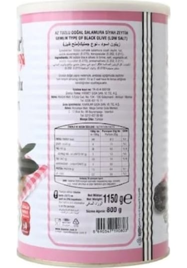 Kaanlar Az Tuzlu Doğal Siyah Zeytin Teneke 800 G