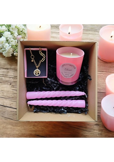 Denic Hediye Seti Kokulu Pembe Bardak Mum Yaşam Agacı Kolye Burgulu Mum