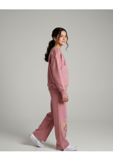 Kız Çocuk Çiçek Nakışlı 3 İplik Şardonlu Eşofman Takımı Pembe