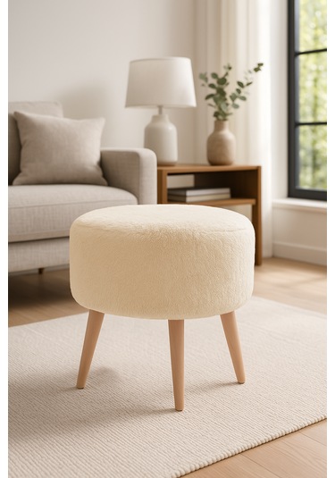 Yuvarlak Puf - 40cm - Welsoft Kumaş - Krem