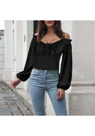 Soonaksesuar Kadın Uzun Kollu Kare Yaka Göğüs Büzgü Detay Sandy Bluz Siyah