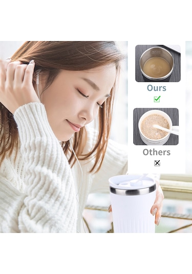 Geeroyoo "300ml Otomatik Manyetik Karıştırıcılı Paslanmaz Çelik Termos - Kahve, Süt, Kakao İçin 3 Hızlı Usb Şarjlı" Beyaz