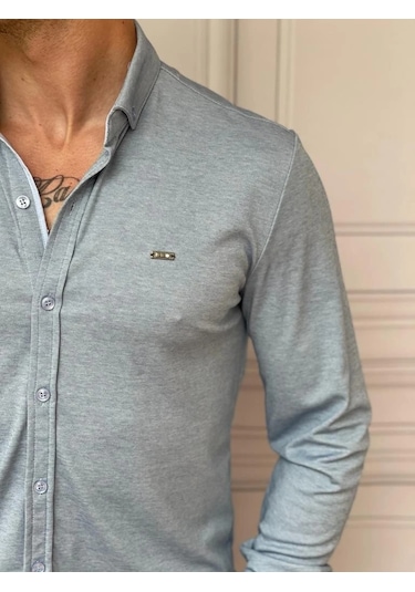 Modefendi Slimfit Merserize Pamuk Uzun Kollu Gömlek Mavi