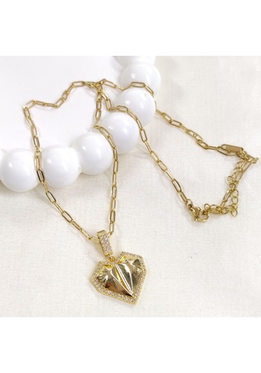 Çelik Ataç Zincirli Kalp Kolye 45+5 Cm - Altın Sarı Beyaz