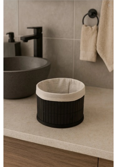 Yuvarlak Bambu Organizer Sepet Katlanır Banyo Düzenleyici 6008-5 Siyah