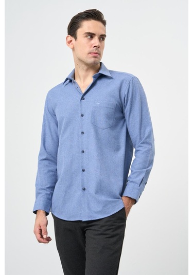 Mavi Uzun Kol Düz Gabardin Sert Yaka Cepli Pamuklu Classic Comfort Fit Gömlek 1004245168 Mavi