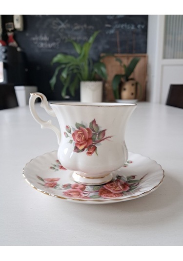 Bone China England Centennial Rose Antıque Double Size Coffee Cup & Saucer Pembe