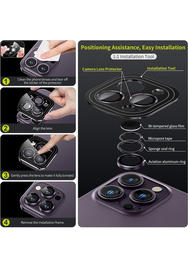 Padalink İphone 14 Pro/promax İçin Safir Kamera Lens Koruyucu - Kartal Gözü Tasarımı Ve Mor Konumlandırıcı Yardımıyla Zarfımsız Uyum Gümüş