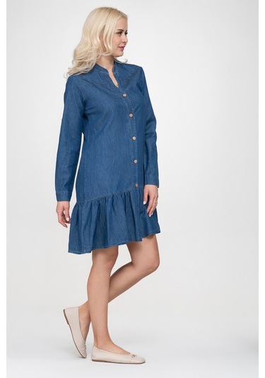 Bold & Young Kadın Cepli Kol Britli Etek Ucu Büzgülü Katlanır Kol Gömlek Elbise İndigo