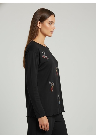 Taş Desenli Uzun Kollu Bambu Viskon Kumaş Bluz Siyah 3