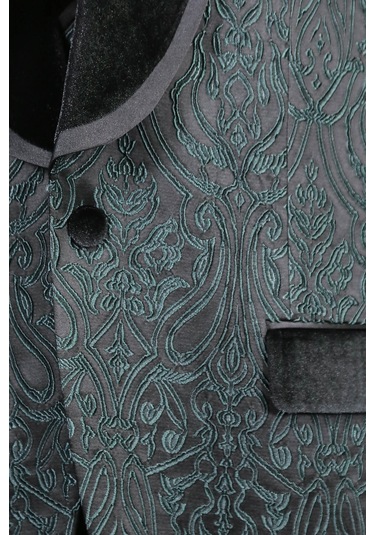 Barok Desenli Kadife Şal Yaka Yelekli Ördek Yeşili Smokin - Wessi Yeşil