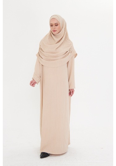 2 Parça Namaz Elbisesi Dokuma Kendinden Desenli 2502 12 Bej