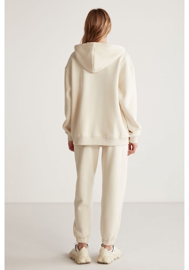 GRIMELANGE Ametıs Kadın Oversize Organik Pamuklu Metal Fermuarlı Kapüşonlu Vanilya Sweatshirt Vanilya