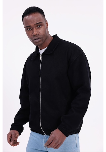 Freemen Erkek Basic Gabardin Kumaş Fermuarlı Oversize Mevsimlik Polo Yaka Ceket Siyah