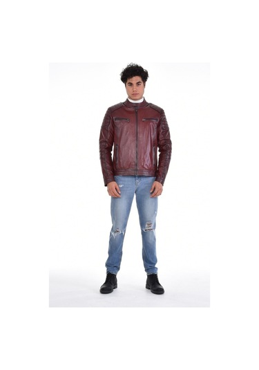 Hakiki Deri Fermuarlı Hakim Yaka Dört Cepli Erkek Deri Ceket Kahverengi Kahverengi