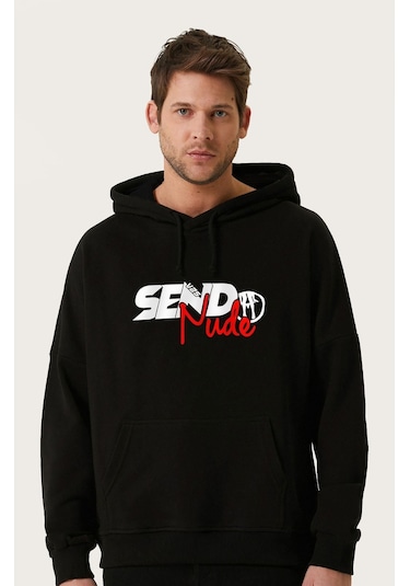 Unisex Oversize Send Nudes Baskılı Kapüşonlu Sweatshirt Siyah