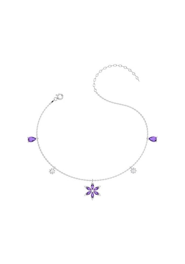 İndigo Takı Ametist Taşlı Lotus Çiçeği Beyaz Gümüş Halhal