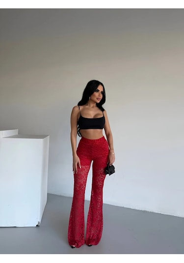 Havens Lace Kabartmalı İspanyol Paça Pantolon Kırmızı