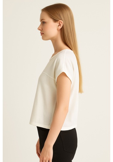 Kadın Beyaz Bisiklet Yaka Basic Kısa Kollu Bluz, Kadın Bluz Beyaz