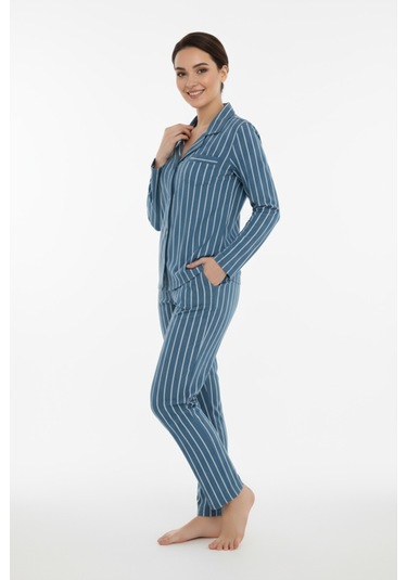 Luxury Viscose Petrol Mavi Çizgili Kadın Uzun Kollu Pijama Takımı 42552 Mavi