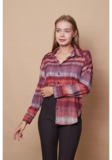 Kadın Desenli Yakalı Düşük Omuzlu Uzun Kol Şık Ofis Gömlek-Kiremit Çizgi Kiremit Çzg.