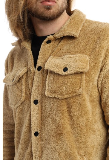 Erkek Çıt Çıt Detaylı Cepli Peluş Ceket Camel Kahverengi