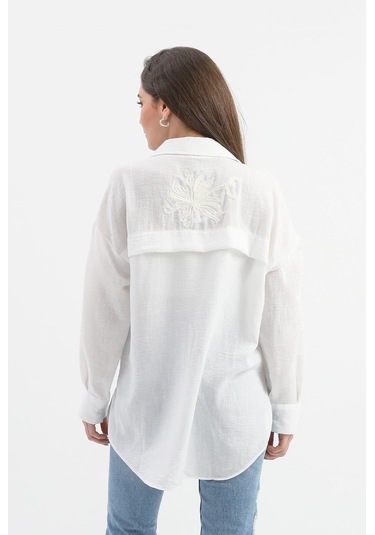 Pulpayet Nakışlı Keten Gömlek - Ekru-ekru Ekru