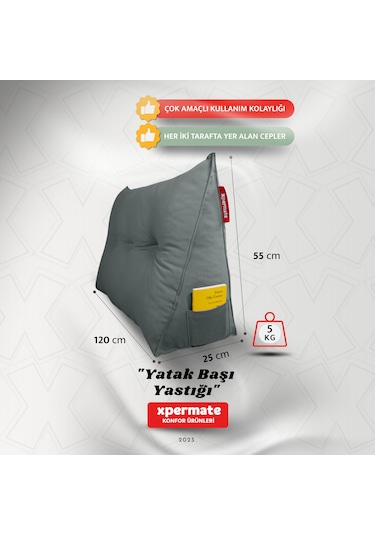 Yatak Başı Yastığı Sırt Ve Bel Destek Yastığı 120 Cm Gri