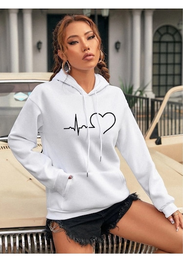 Kadın Kalp Çizgi Baskılı Oversize Beyaz Kapşonlu Sweatshirt Beyaz