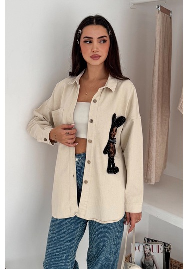 Leopar Ayıcık Armalı Gabardin Kumaş Gömlek Krem Krem