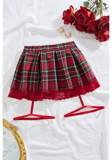 Merry See Pileli Dantelli Ekose Etek Jartiyer Detaylı Çok Renkli