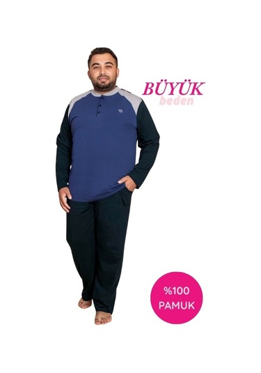 Erkek Büyük Battal Beden Desenli 3 Düğmeli %100 Pamuk Mevsimlik Uzun Kol Cepli Pijama Takımı Koyu Mavi
