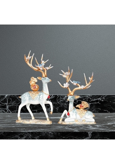 Opulentliving Şömine Yatak Odası Dekor Geyik Heykelleri 14x26cm 14x20cm Reçine 14cmx26cm 14cmx20cm