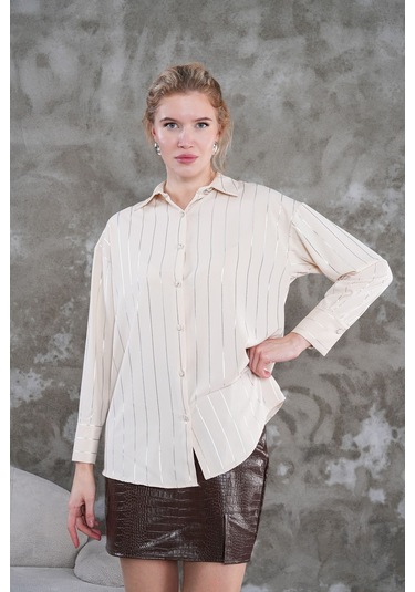 Çizgili Klasik Kadın Gömlek Bej
