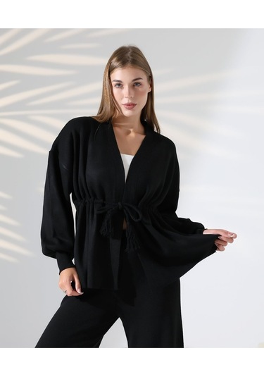 Kuşak Detaylı İkili Triko Takım Siyah