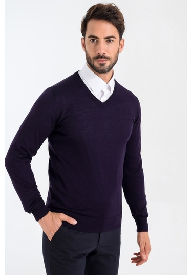 Heyss Mürdüm V Yaka Yünlü Erkek Triko Kazak Mürdüm