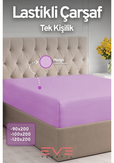 Eve Tekstil Fitted Yüksek Kaliteli Penye Kumaş Tek Kişilik Lastikli Çarşaf Lila